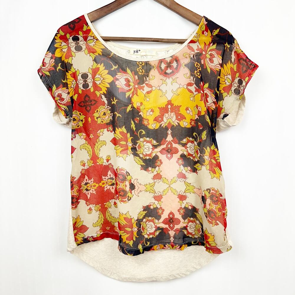 Jolt‎ Sheer Front Mixed Material Top Sz M Cutout Back Beige Navy Red Floral